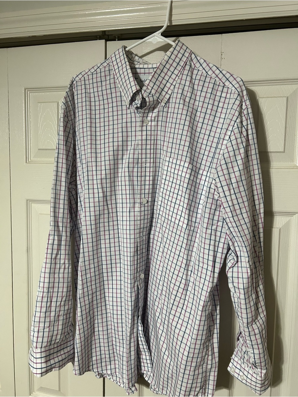 Saddlebred White Dress Shirt with Blue and Red Windowpane Check